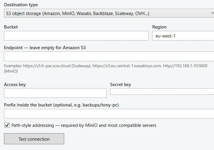 Setting up an S3 destination in SyncMirror, with the connection test button